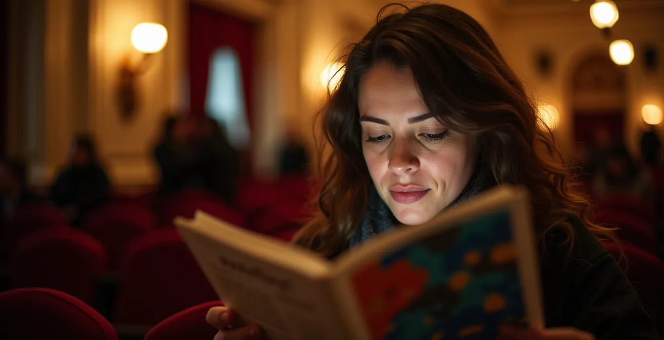 Personne lisant attentivement un programme de théâtre dans le hall d'un théâtre