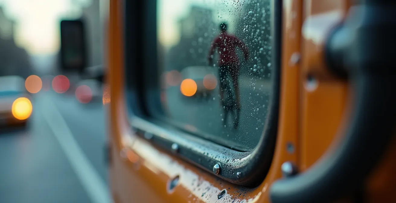 Vue macro détaillée d'un rétroviseur de camion reflétant un cycliste