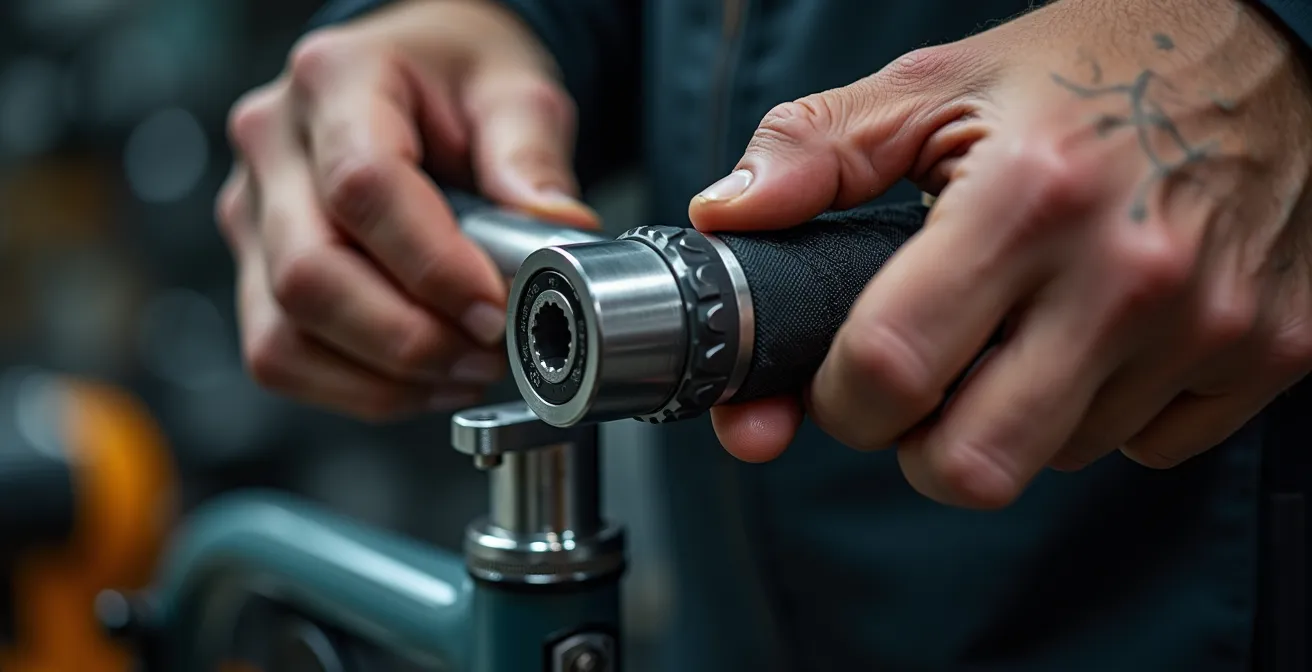 Gros plan sur des mains manipulant une clé dynamométrique sur un vélo