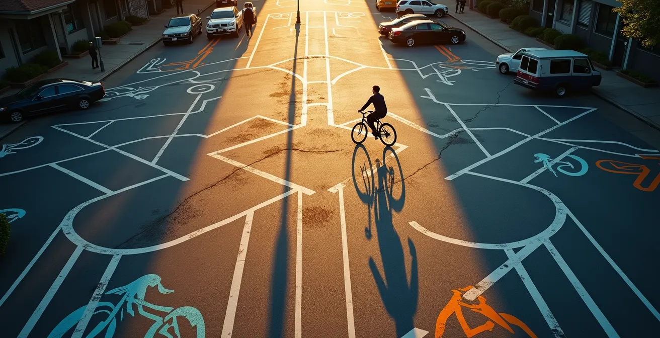 Vue aérienne d'un réseau de pistes cyclables urbaines avec trajets alternatifs