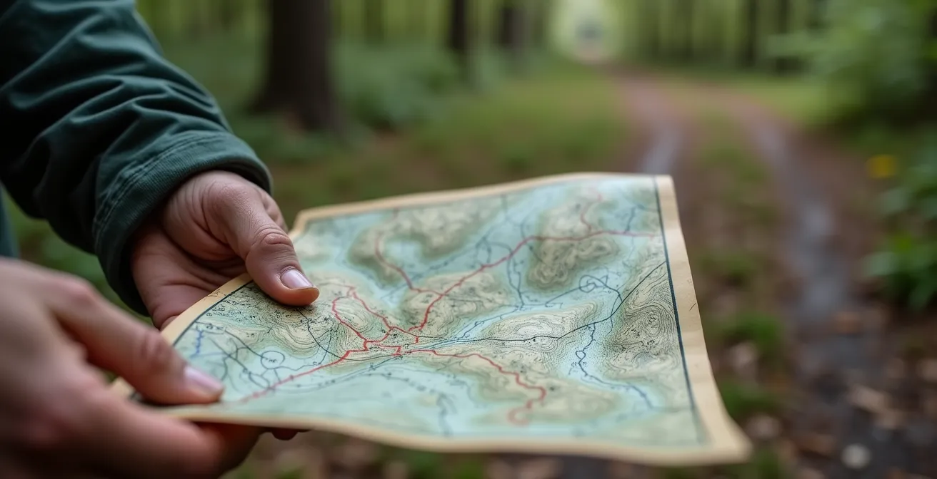 Main tenant une carte topographique en pleine nature