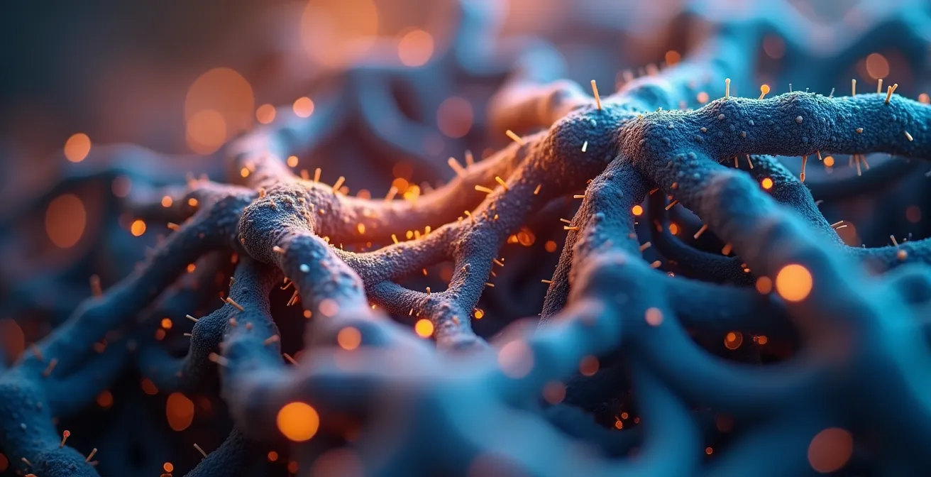 Vue macro de connexions synaptiques colorées évoquant la complexité de la perception artistique