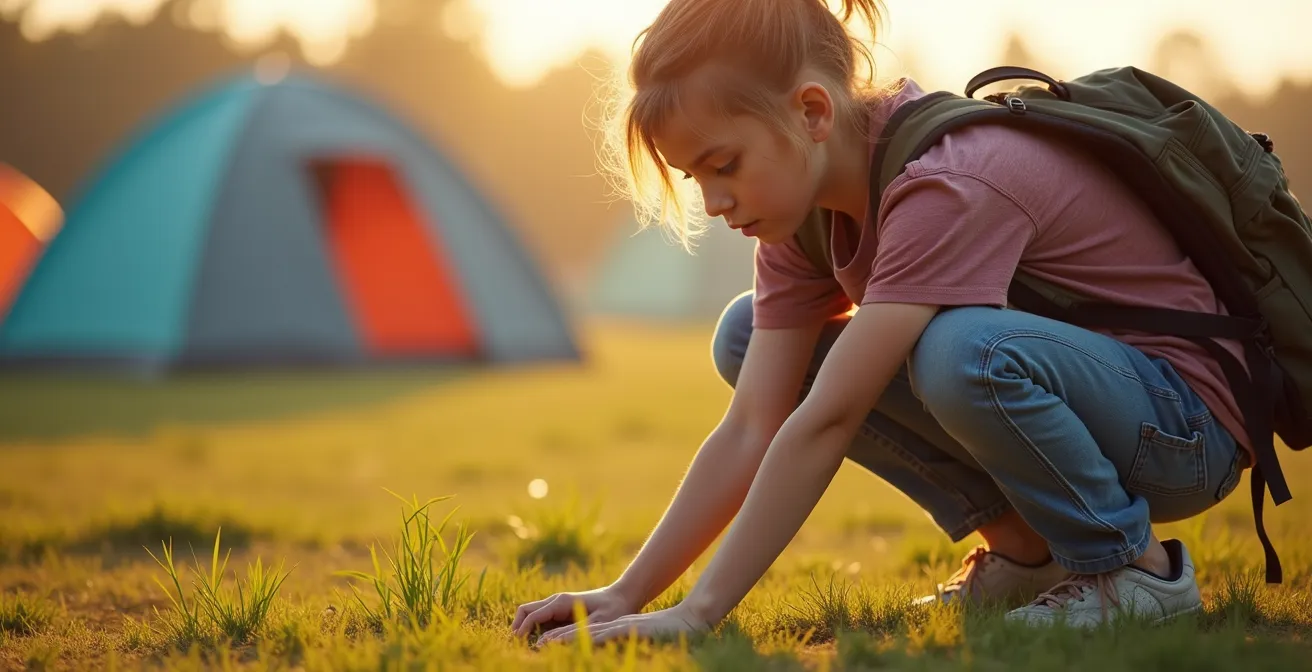 Festivalier examinant attentivement le terrain pour planter sa tente avec carte mentale des zones à éviter