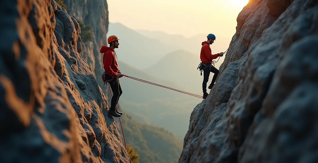 Vue d'ensemble d'un grimpeur et son assureur en communication visuelle sur une paroi