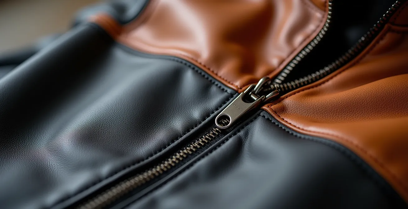 Gros plan sur la fermeture éclair de liaison d'une combinaison deux pièces avec détails des coutures renforcées