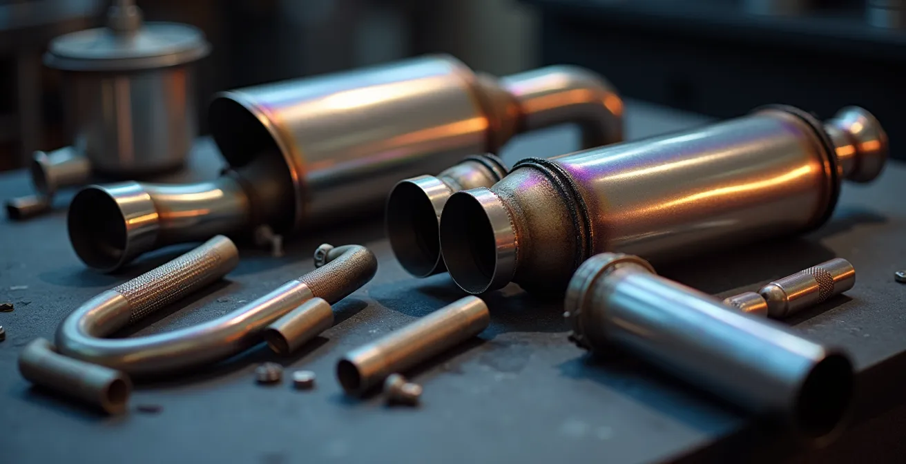 Système d'échappement complet en titane démonté sur établi avec pièces alignées