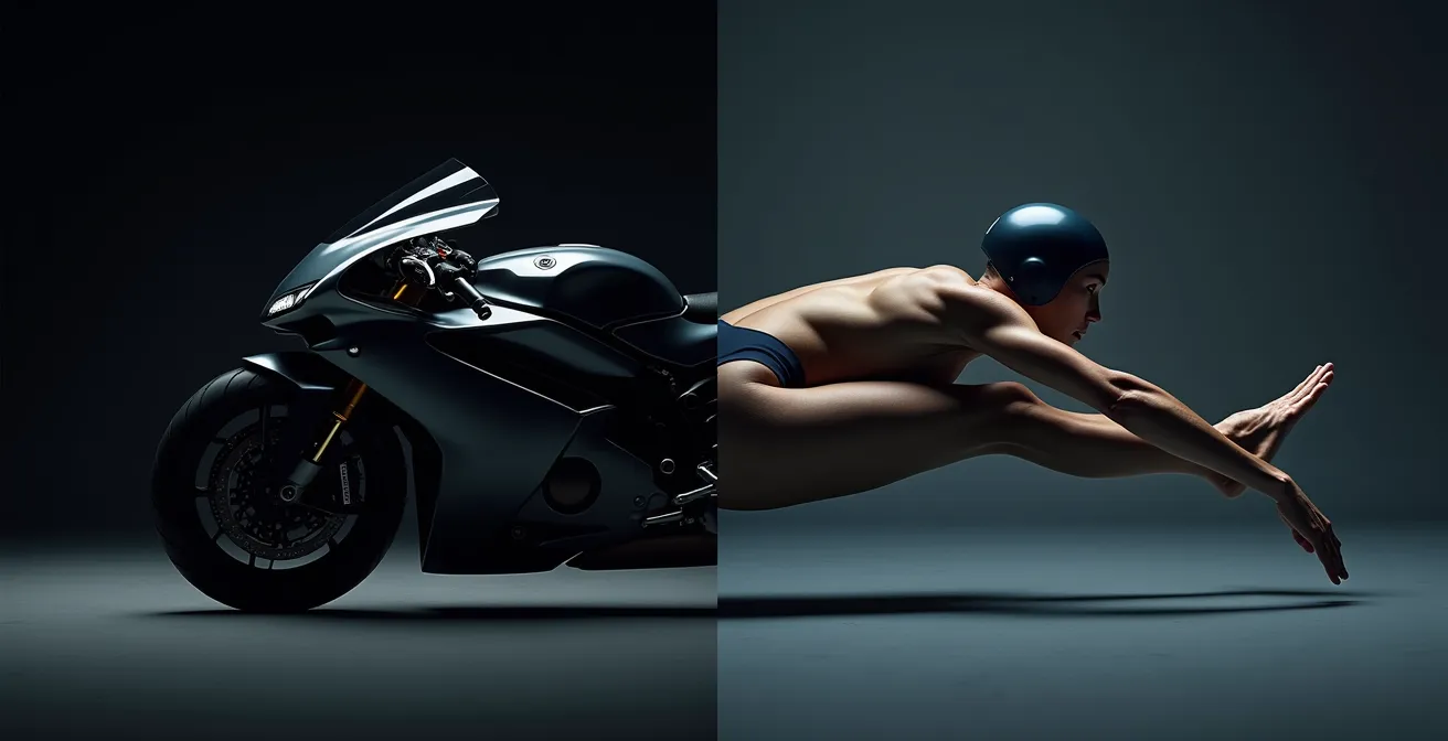 Composition symbolique comparant silhouette moto carénée et nageur profilé