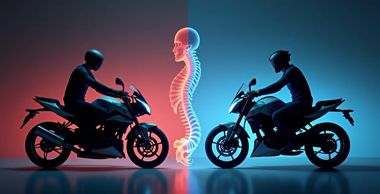 Comparaison visuelle de la pression sur les disques intervertébraux selon la position du motard