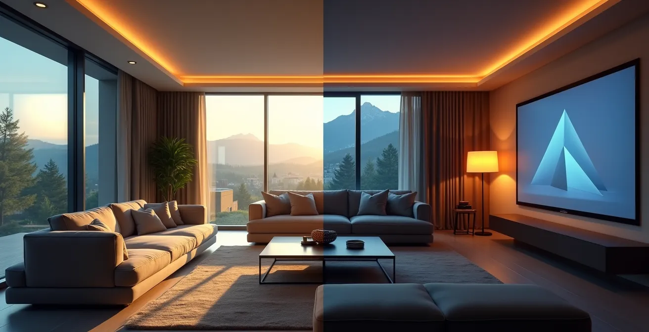 Salon moderne montrant côte à côte une TV QLED et un écran de projection avec différentes conditions lumineuses