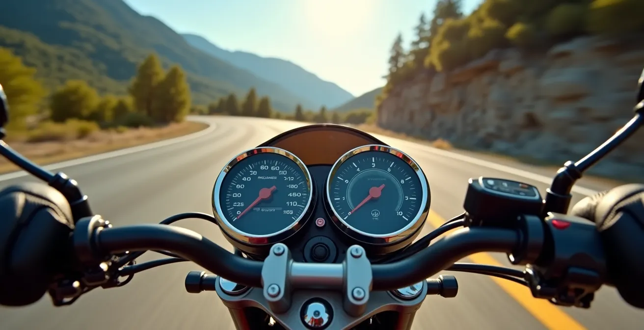 Gros plan sur tableau de bord moto montrant vitesse élevée avec arrière-plan flou de virage