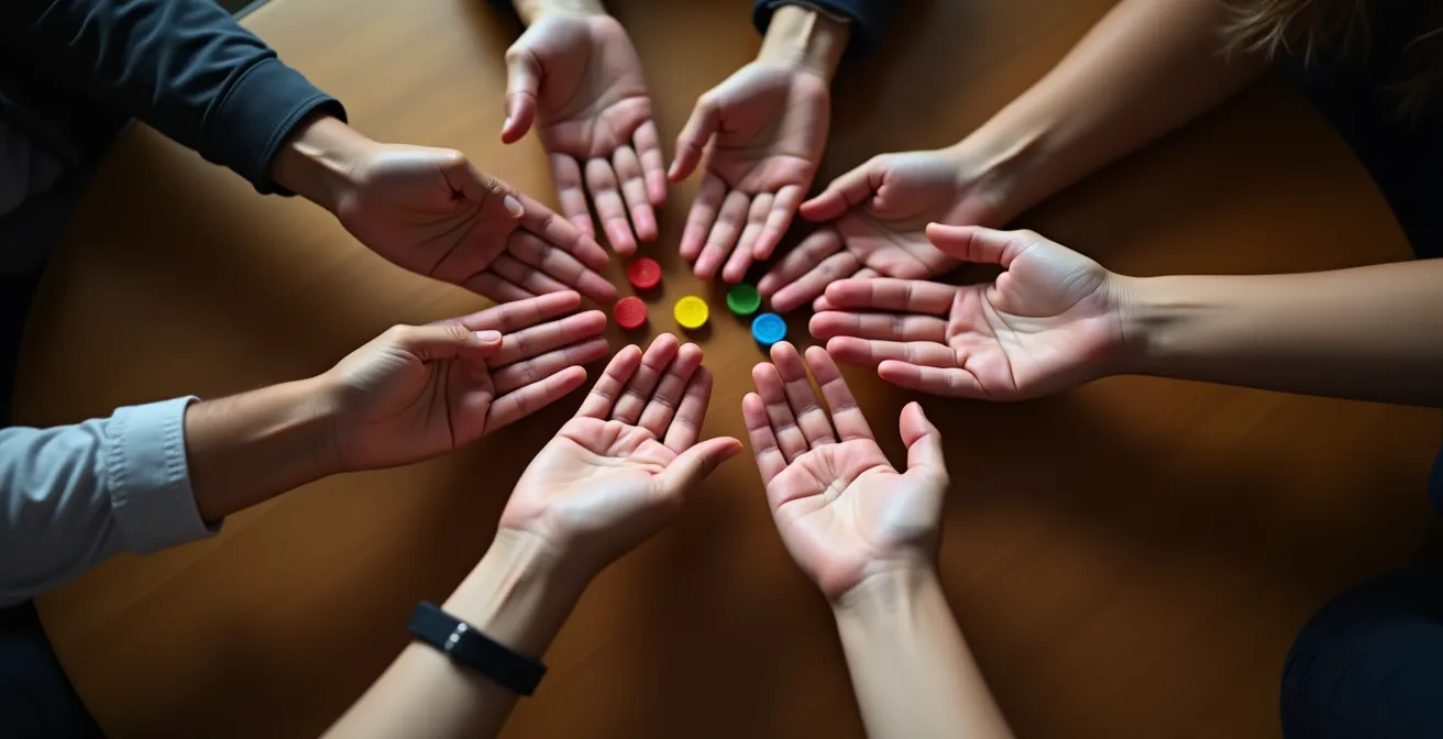 Mains de joueurs partageant un moment de victoire autour de pièces de jeu