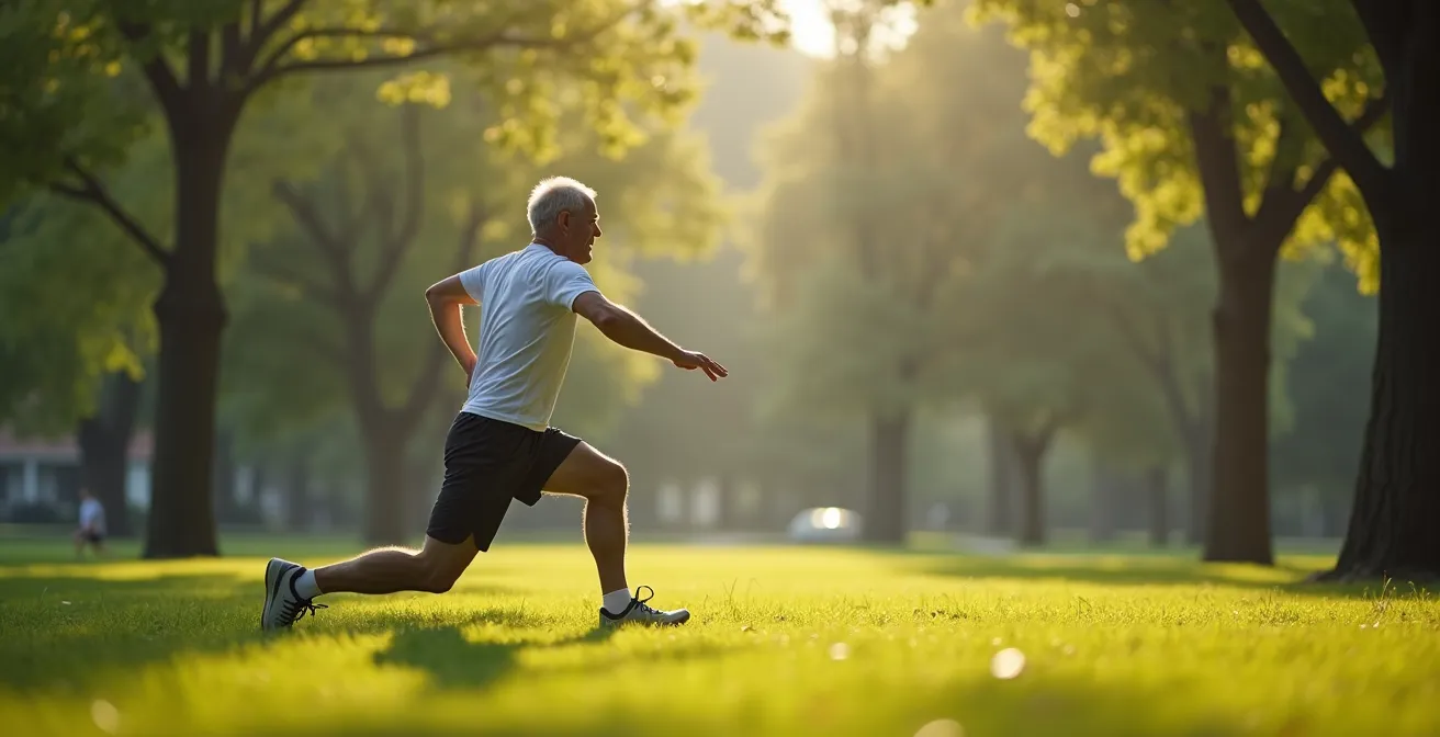 Coureur mature en position d'étirement dans un parc verdoyant, ambiance apaisante de récupération active