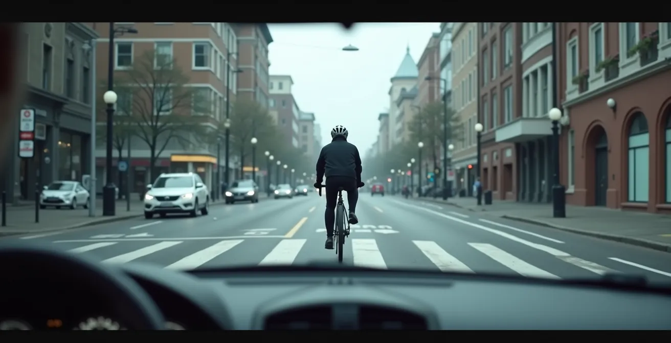 Vue depuis l'habitacle d'une voiture montrant un motard dans l'angle mort du montant de pare-brise.