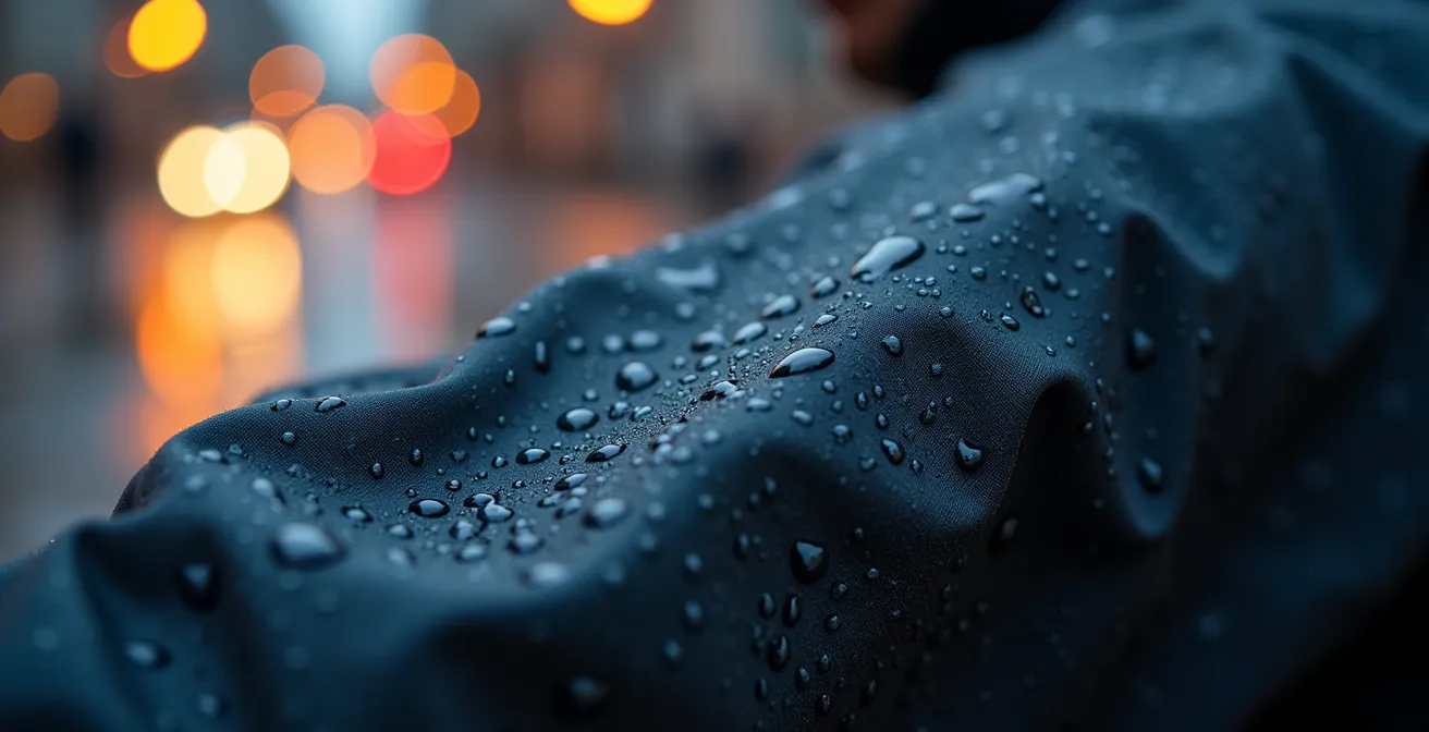 Gros plan sur des gouttes d'eau perlant sur le tissu technique d'un vêtement de cycliste, illustrant l'élégance et la protection contre la pluie.