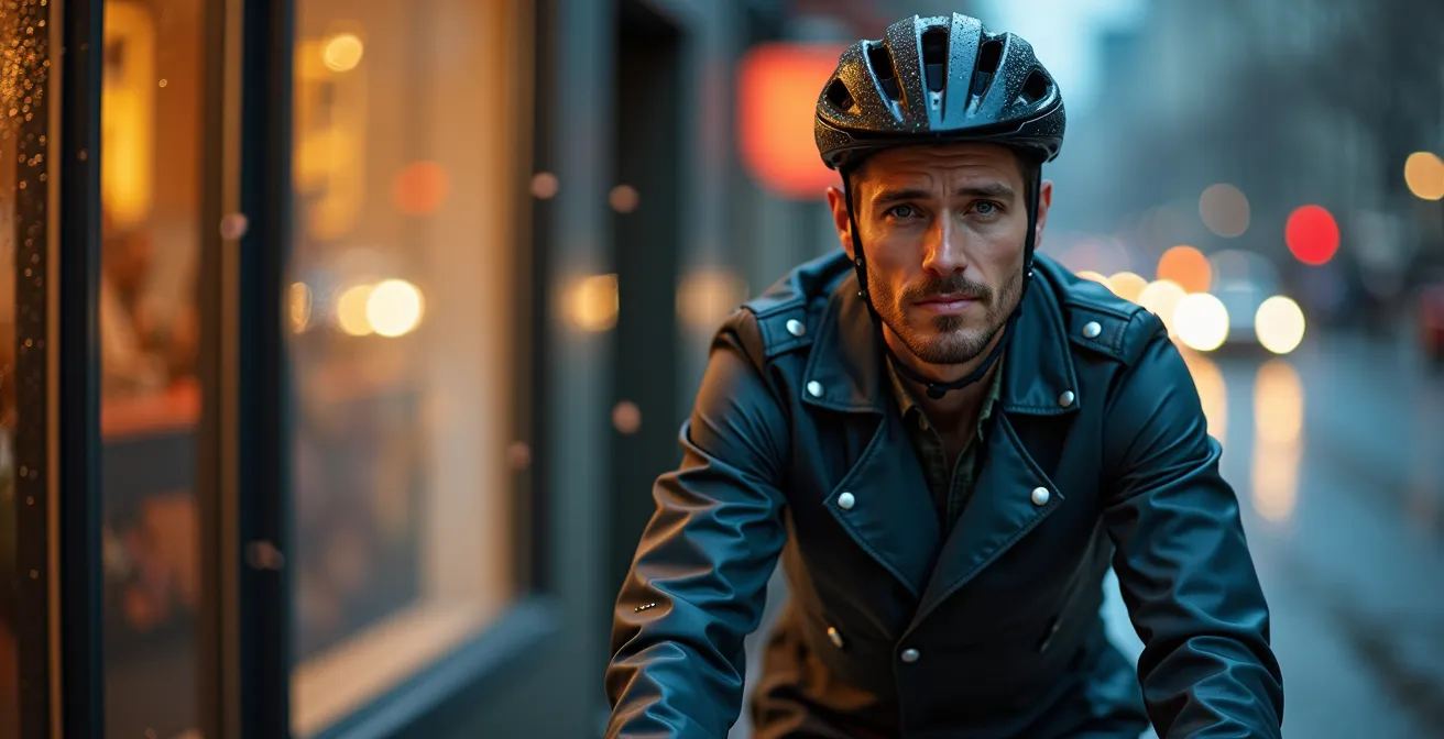 Cycliste urbain élégant avec équipement de pluie technique mais discret sous la pluie nocturne