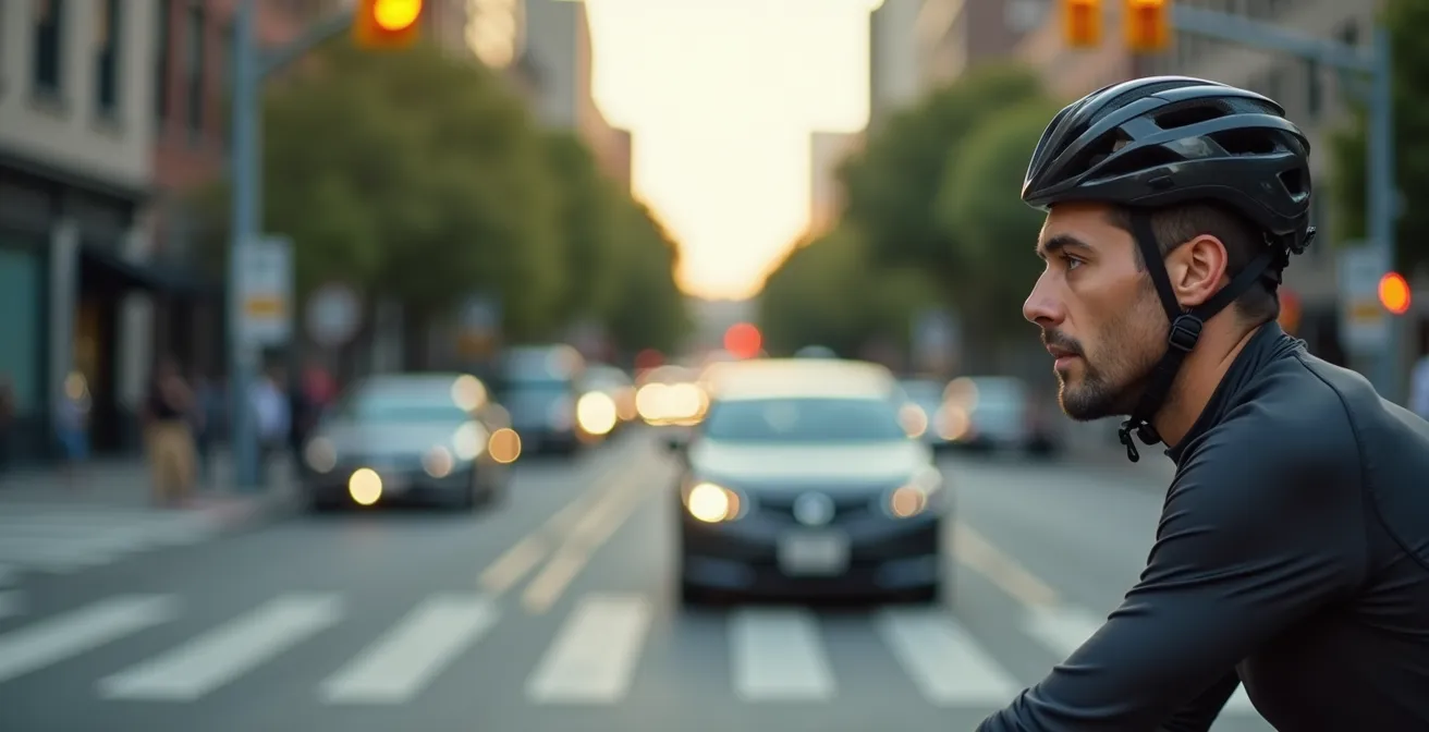 Cycliste en position défensive à une intersection urbaine complexe
