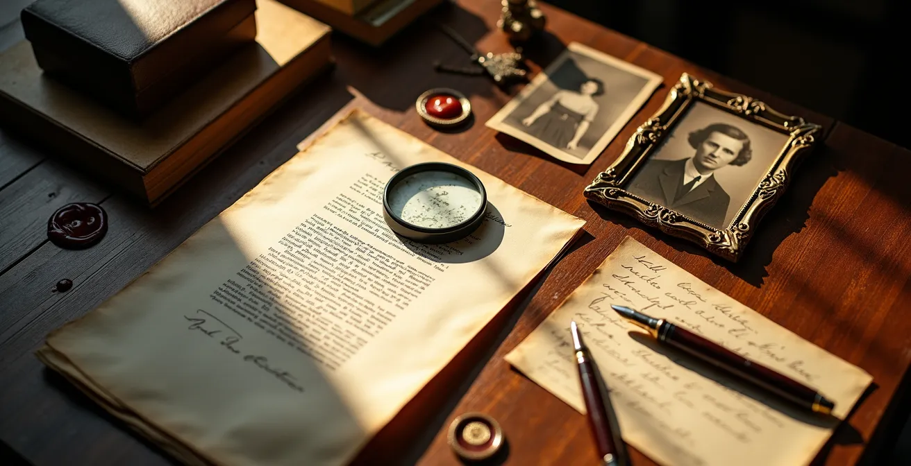 Documents d'expertise et certificats d'authenticité disposés sur un bureau ancien avec loupe et objets de collection