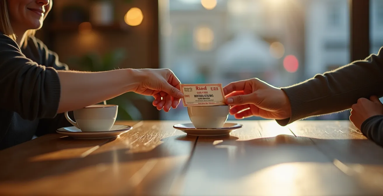 Deux personnes échangeant un billet de concert dans un lieu public sécurisé