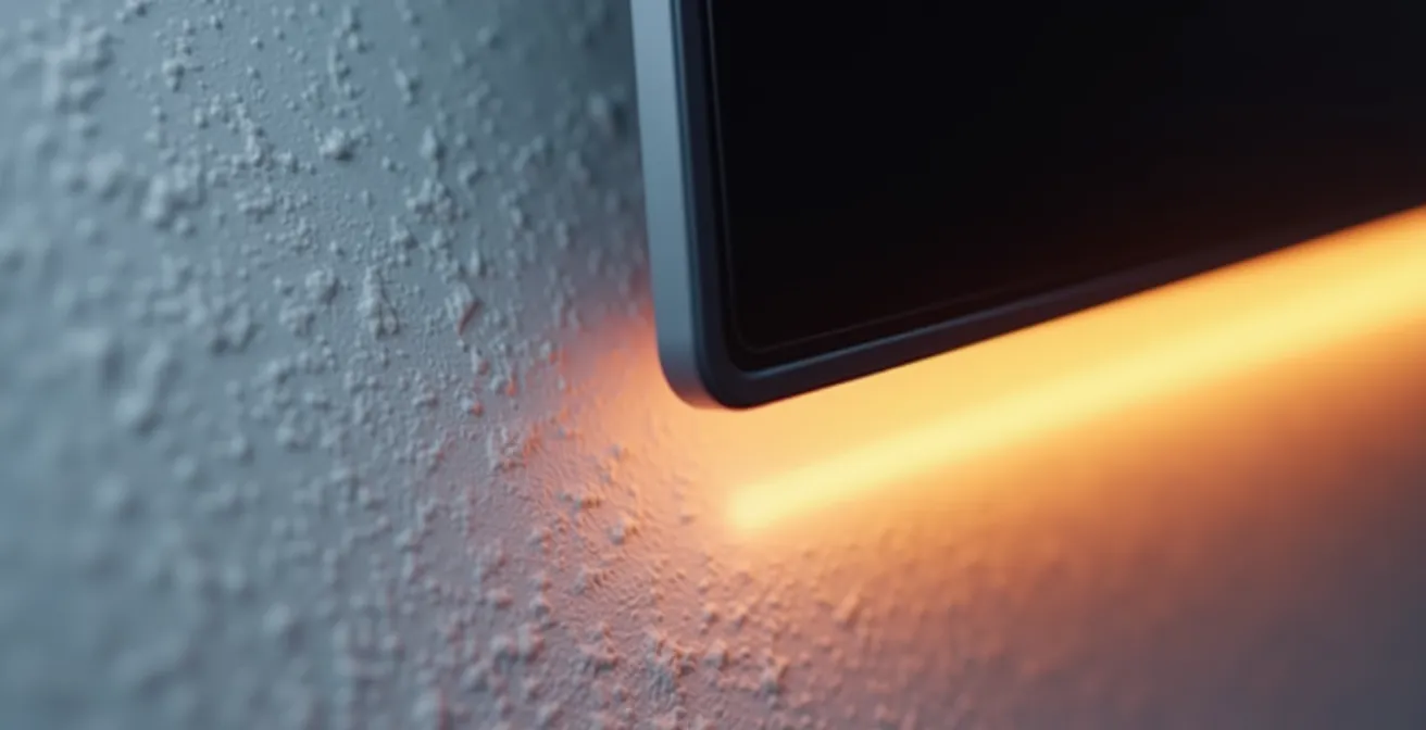 Gros plan sur l'arrière d'un écran avec halo lumineux doux créé par LED bias lighting sur mur neutre