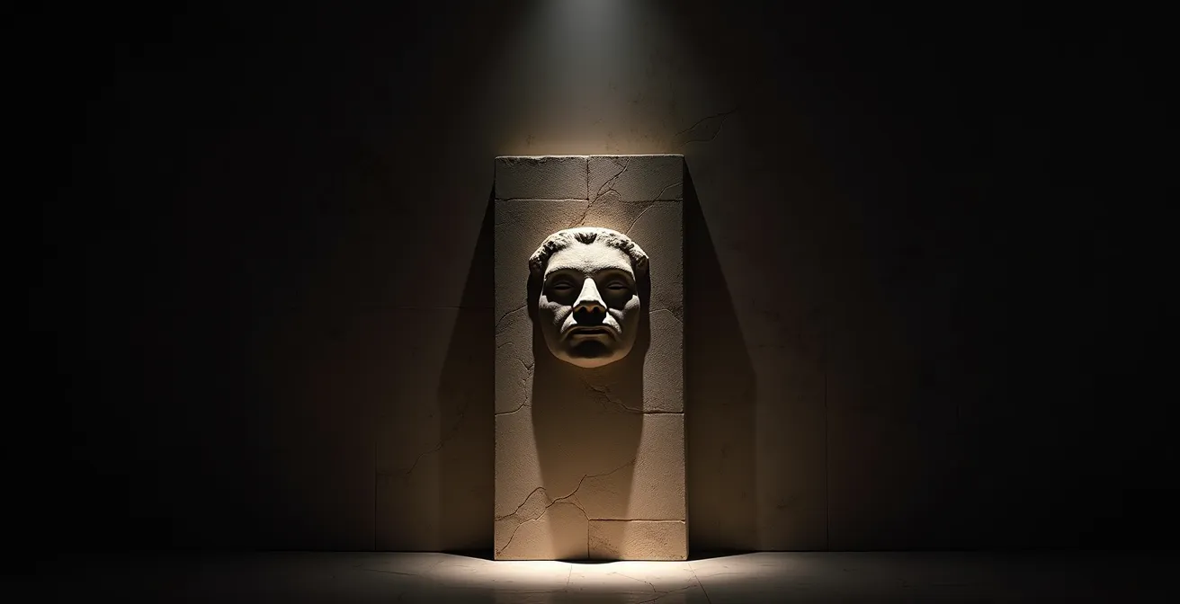 Détail architectural unique mis en valeur par un éclairage dramatique créant un contraste mémoriel