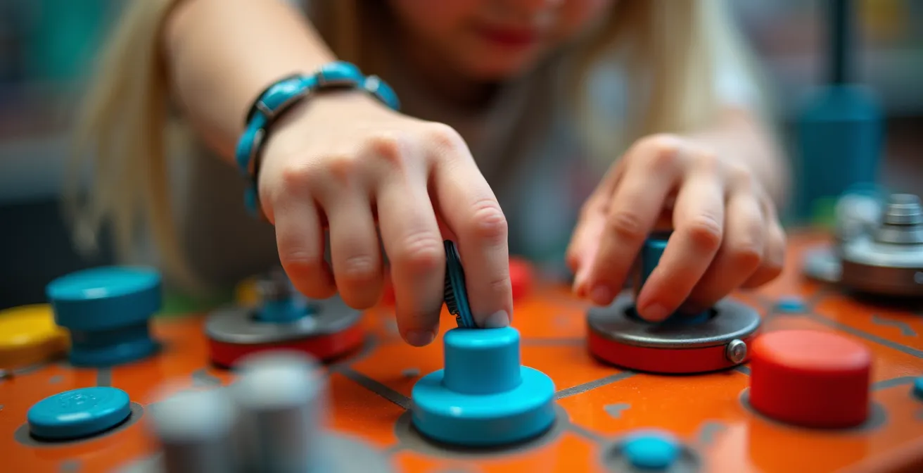 Gros plan d'un enfant concentré manipulant les détails d'un module scientifique