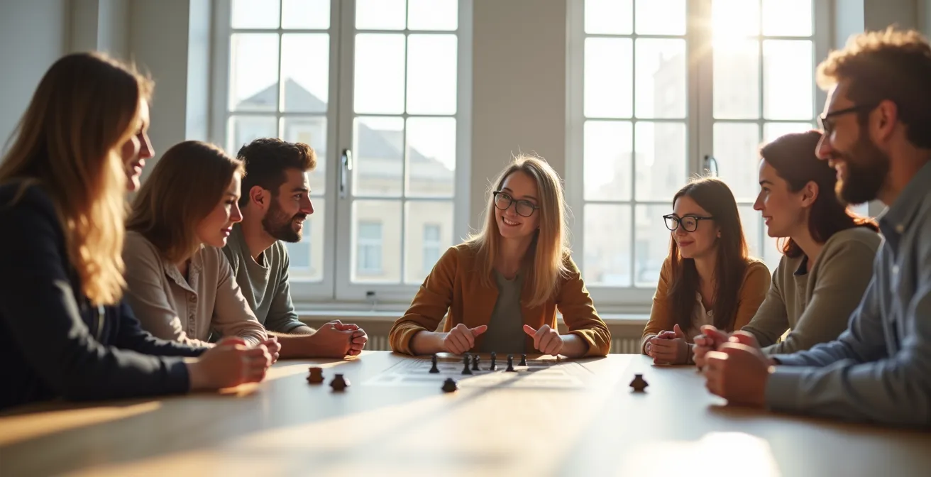 Vue large d'un espace de jeu collaboratif avec plusieurs personnes autour d'une table dans une atmosphère bienveillante