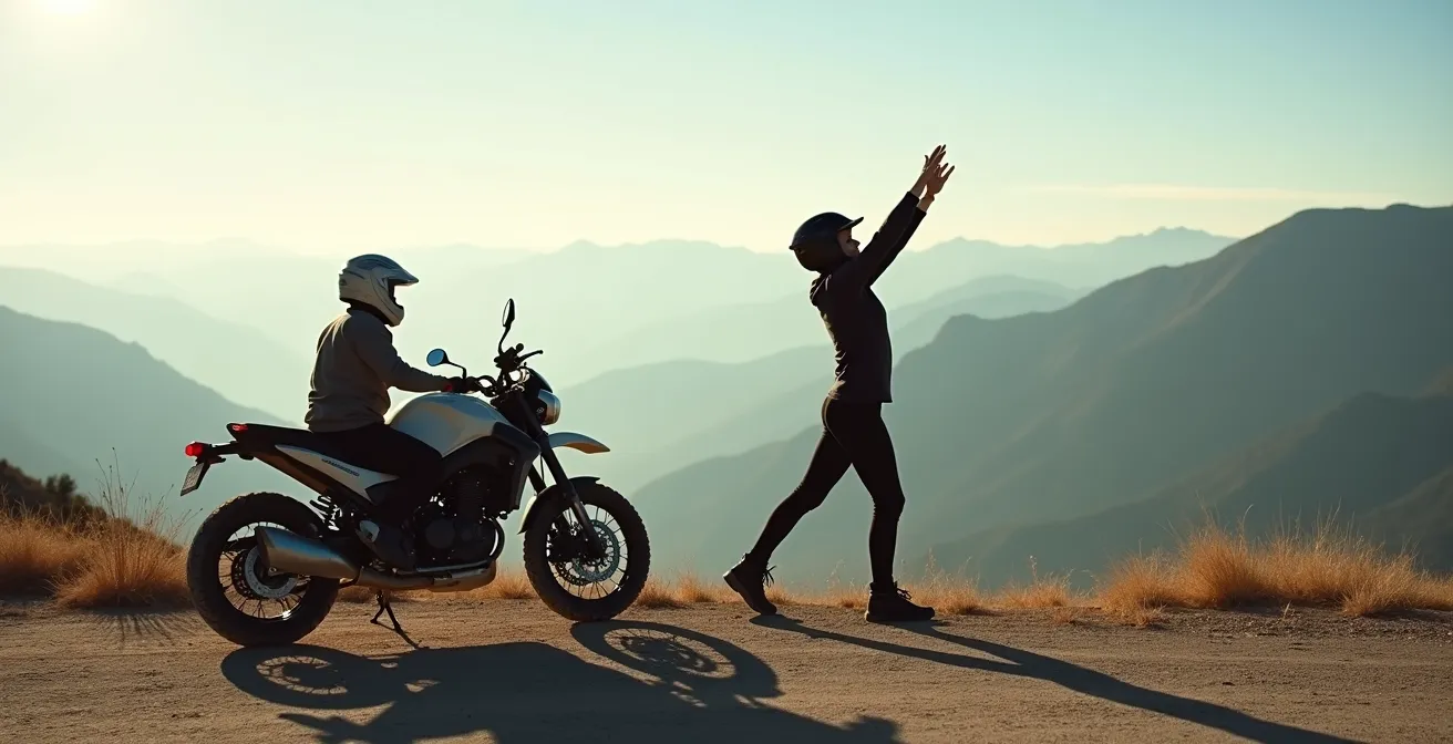 Motard effectuant des étirements lors d'une pause sur un point de vue panoramique