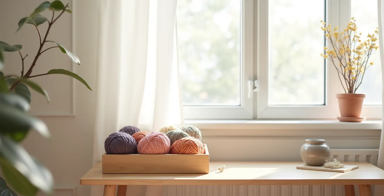 Espace créatif compact et organisé dans un coin d'appartement lumineux avec matériel de couture rangé