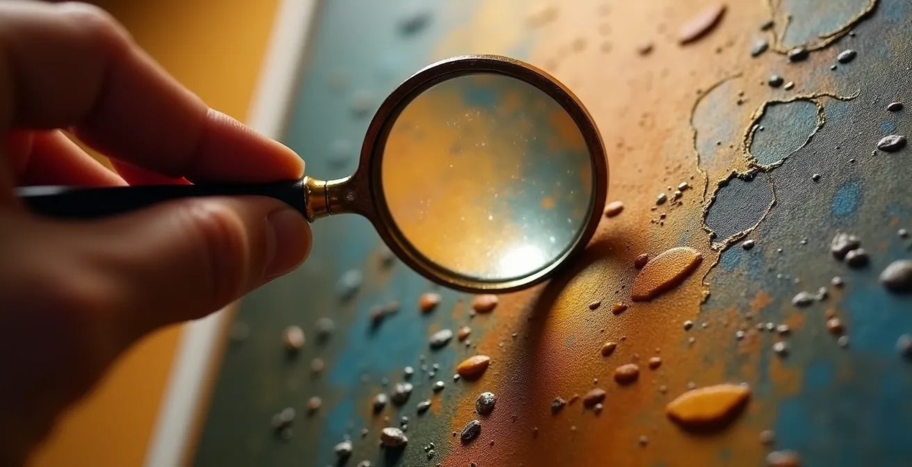 Collectionneur examinant de près les détails d'une peinture avec une loupe