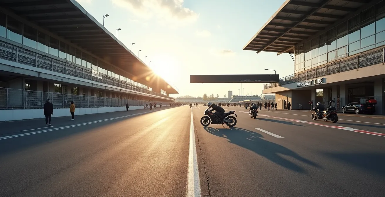 Vue large d'un paddock avec motards pratiquant des exercices de regard entre les stands