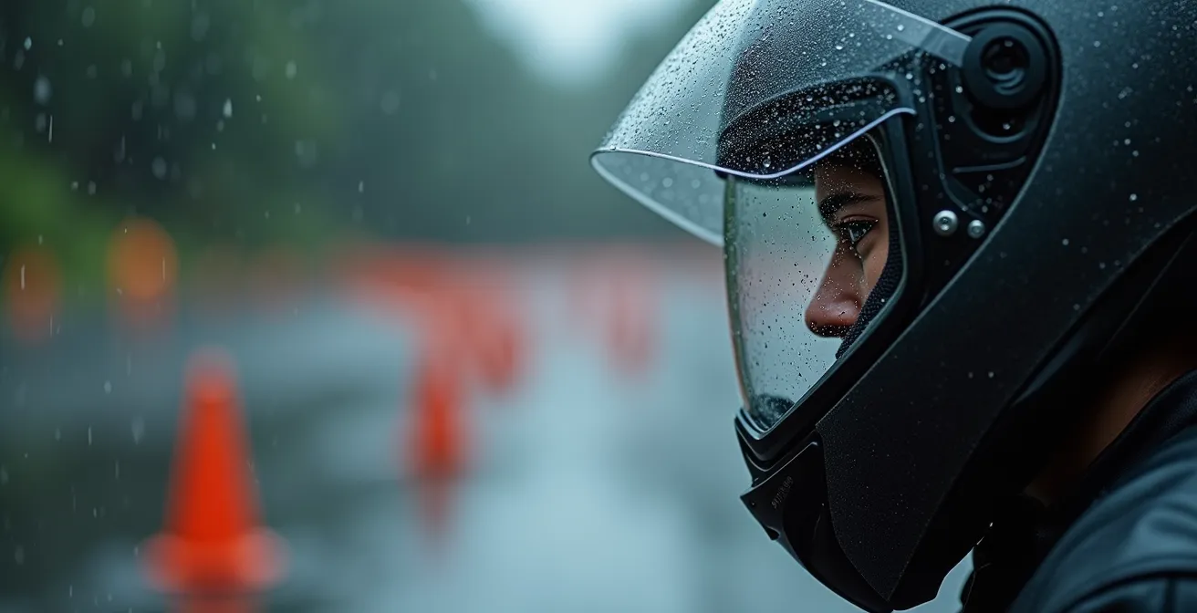 Élève motard s'entraînant sous la pluie en équipement imperméable sur piste mouillée