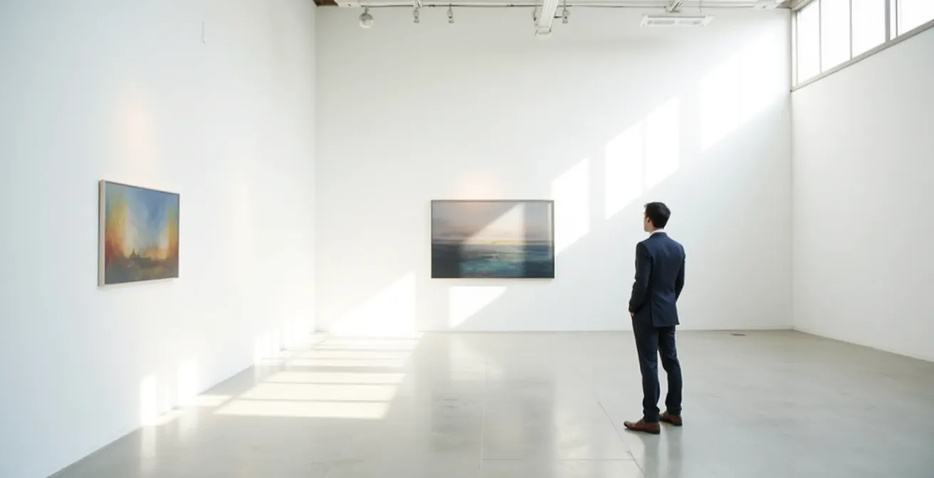 Personne contemplant une œuvre dans une galerie d'art contemporain avec éclairage muséal