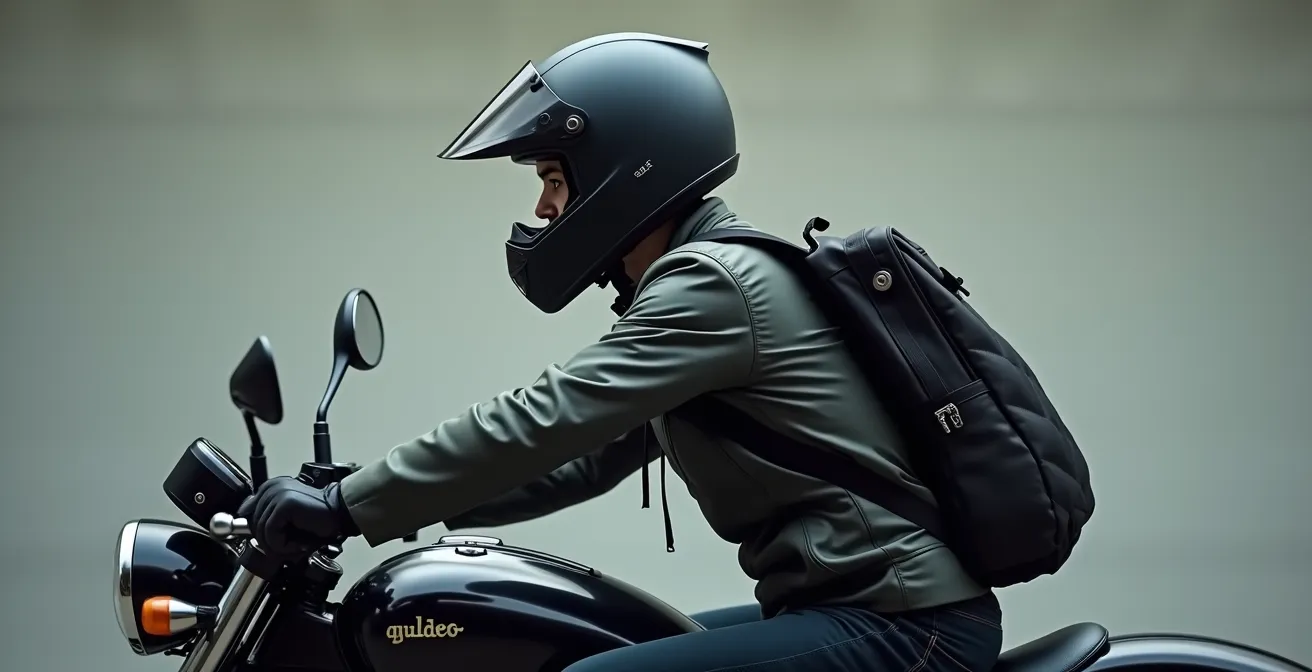 Vue de profil d'un motard montrant l'impact négatif d'un sac à dos sur la posture et l'élévation du centre de gravité.