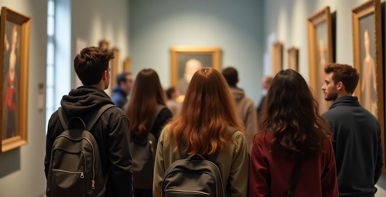 Groupe de jeunes visiteurs dans un musée, en contre-jour devant de grandes fenêtres architecturales