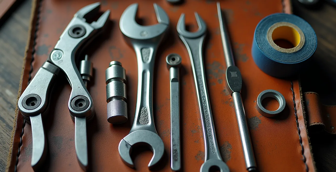 Kit d'outils de moto organisé avec pince multifonction, clés, kit réparation pneu et colliers de serrage