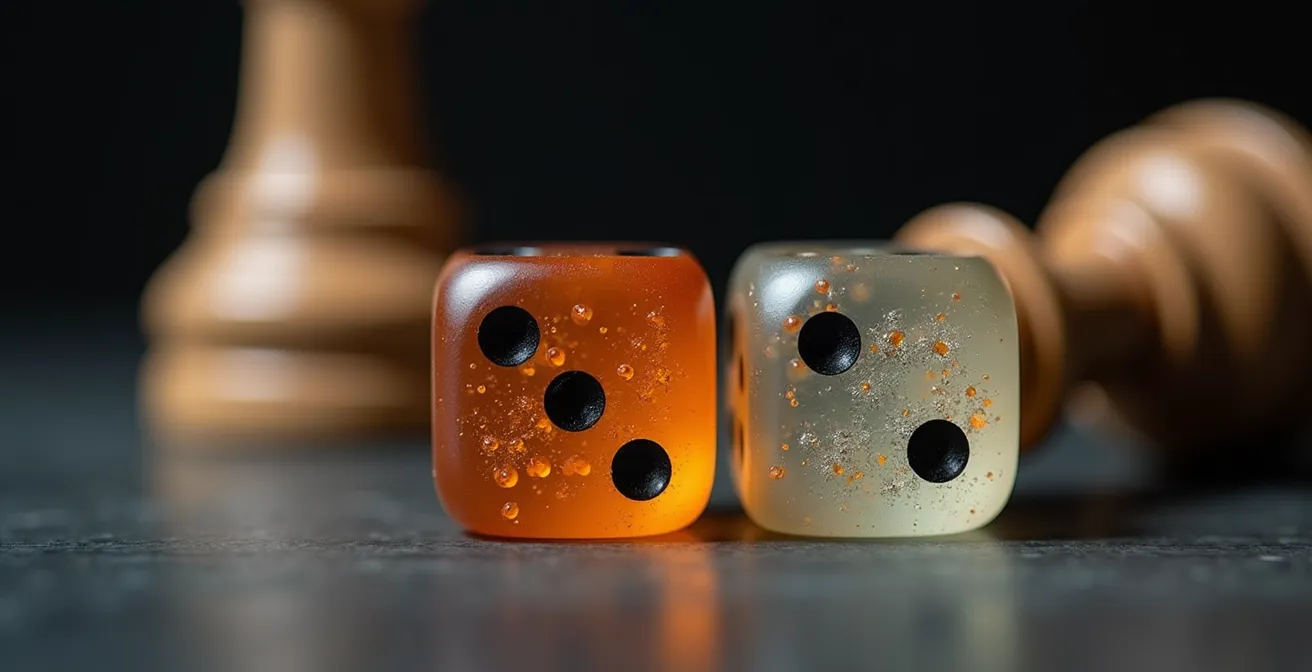 Gros plan macro sur des dés et pièces d'échecs montrant le contraste entre hasard et stratégie pure