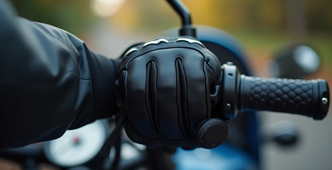 Vue macro de la position correcte du poignet sur le guidon de moto