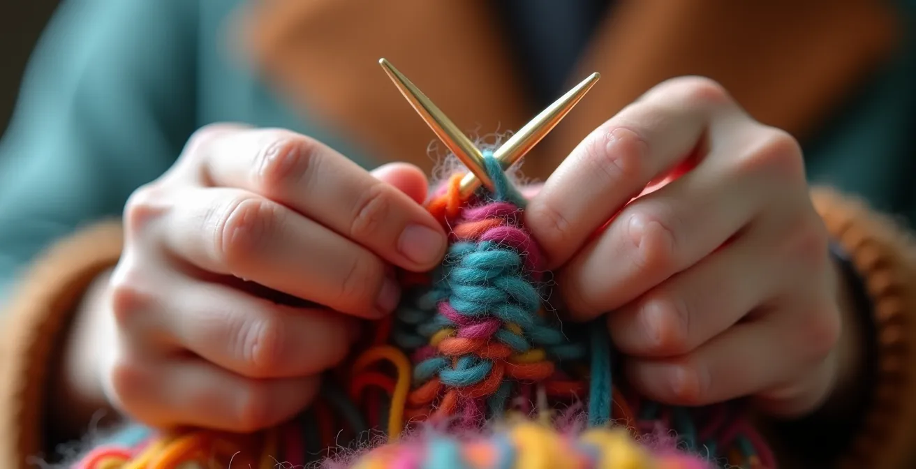 Gros plan sur des mains pratiquant une technique de tricot avec fils colorés