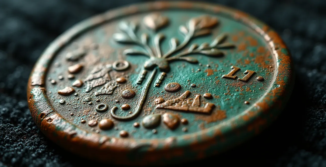 Vue macro d'une monnaie ancienne montrant la patine naturelle et les détails de surface préservés