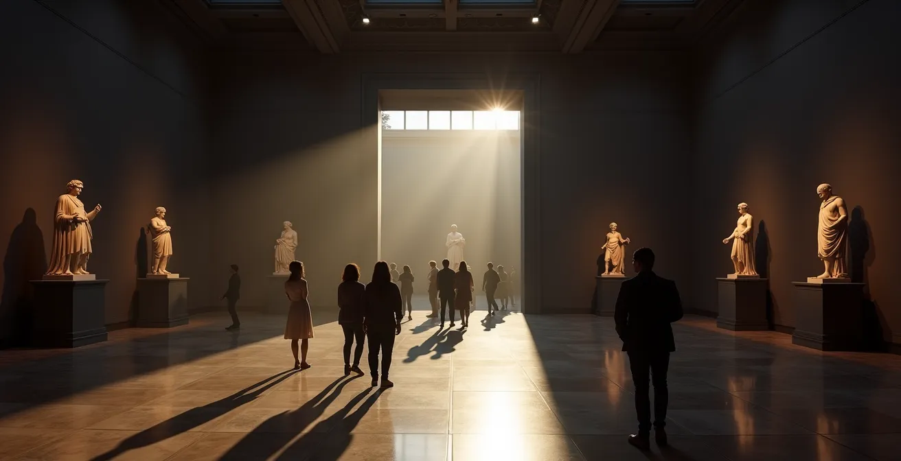 Salle de musée en nocturne avec éclairage dramatique et visiteurs en silhouette
