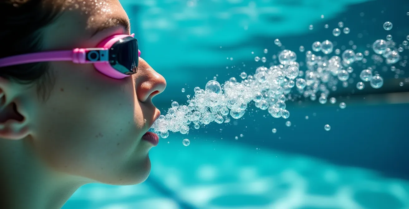 Gros plan sur le visage d'un nageur expirant sous l'eau avec bulles visibles