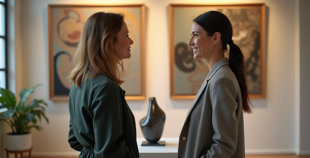 Galeriste et collectionneur en discussion confidentielle dans un espace privé de galerie