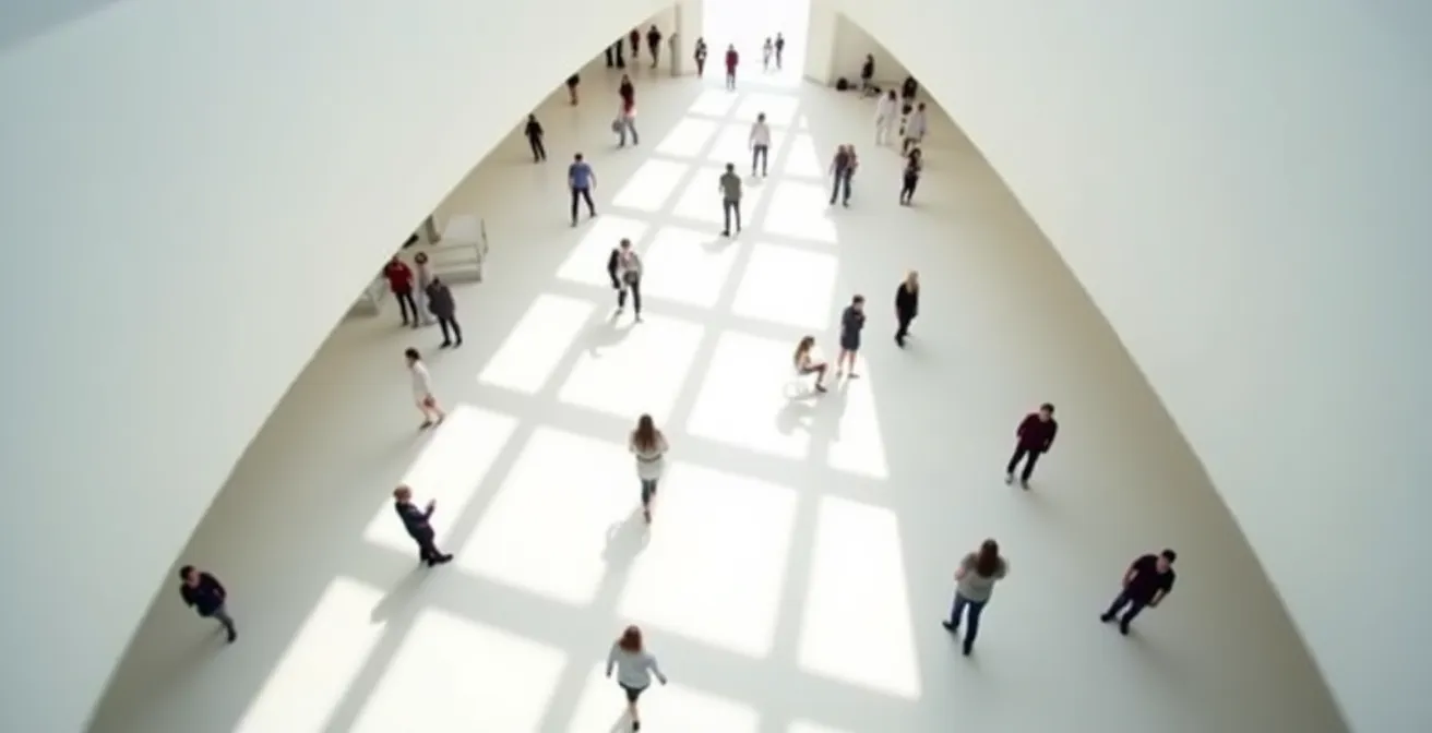 Vue plongeante d'un musée montrant différents parcours de visiteurs dans l'espace