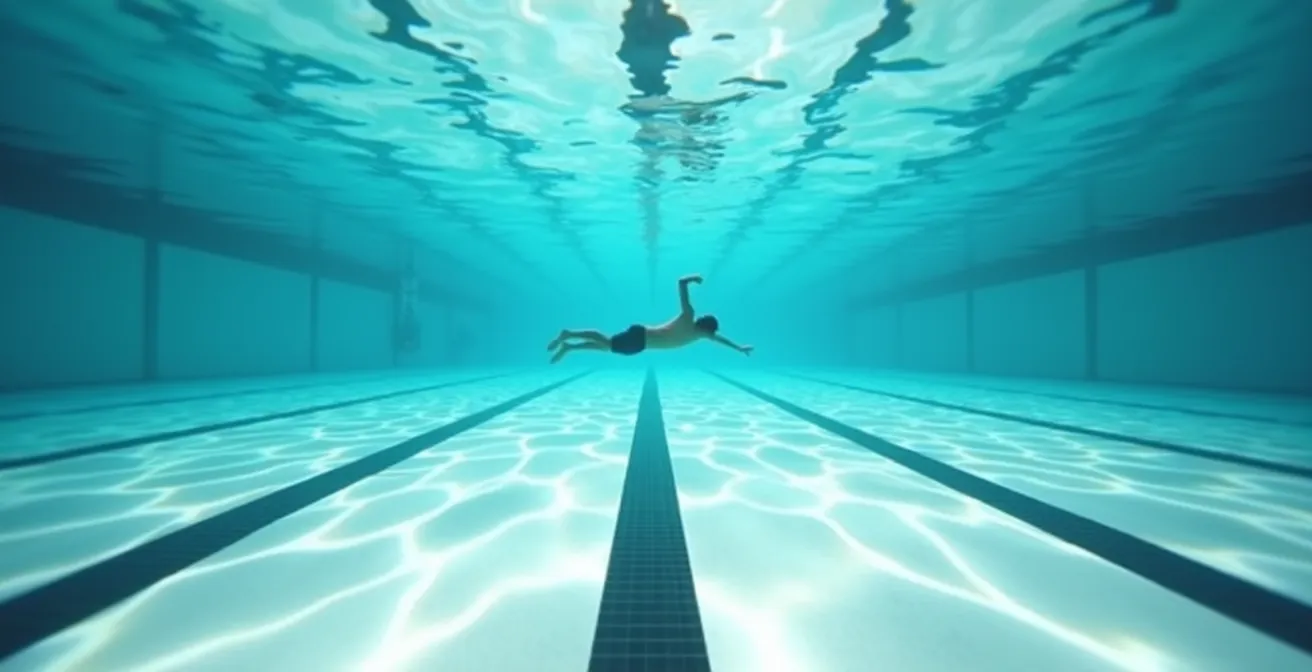 Vue sous-marine d'une piscine montrant la ligne de fond avec silhouette de nageur horizontal
