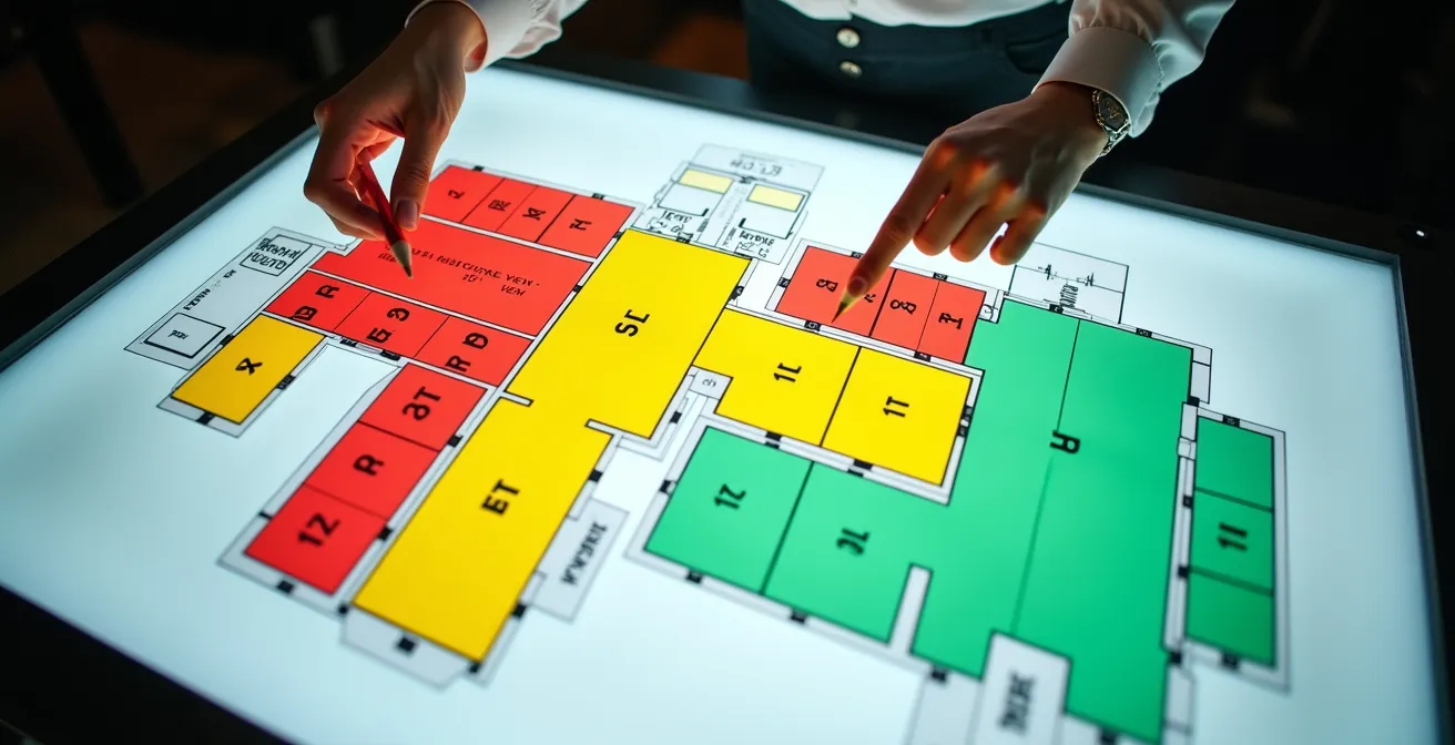 Plan architectural d'une salle de concert avec zones colorées indiquant la qualité de visibilité