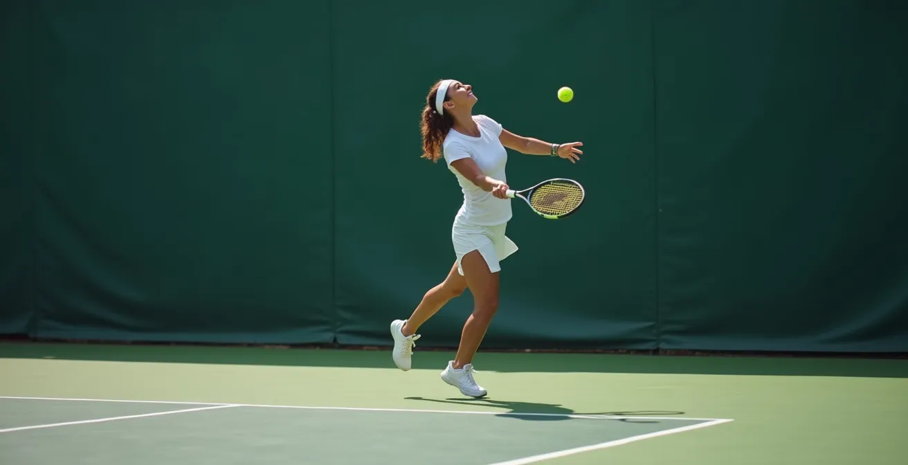 Vue latérale d'un serveur montrant la trajectoire idéale du lancer de balle et le placement des pieds