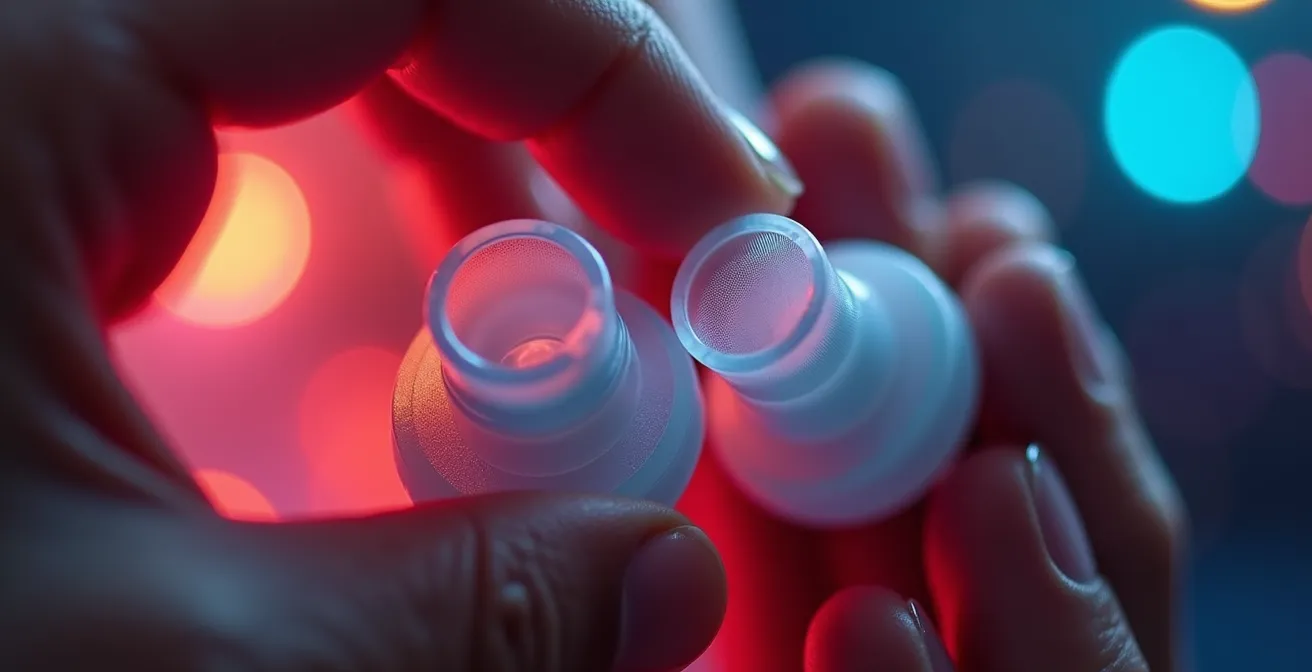 Gros plan macro sur des bouchons d'oreilles haute-fidélité avec filtres acoustiques visibles