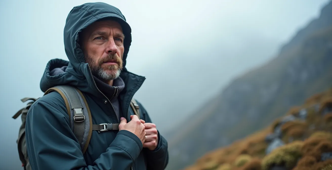 Randonneur équipé du système 3 couches dans un environnement de haute montagne brumeux