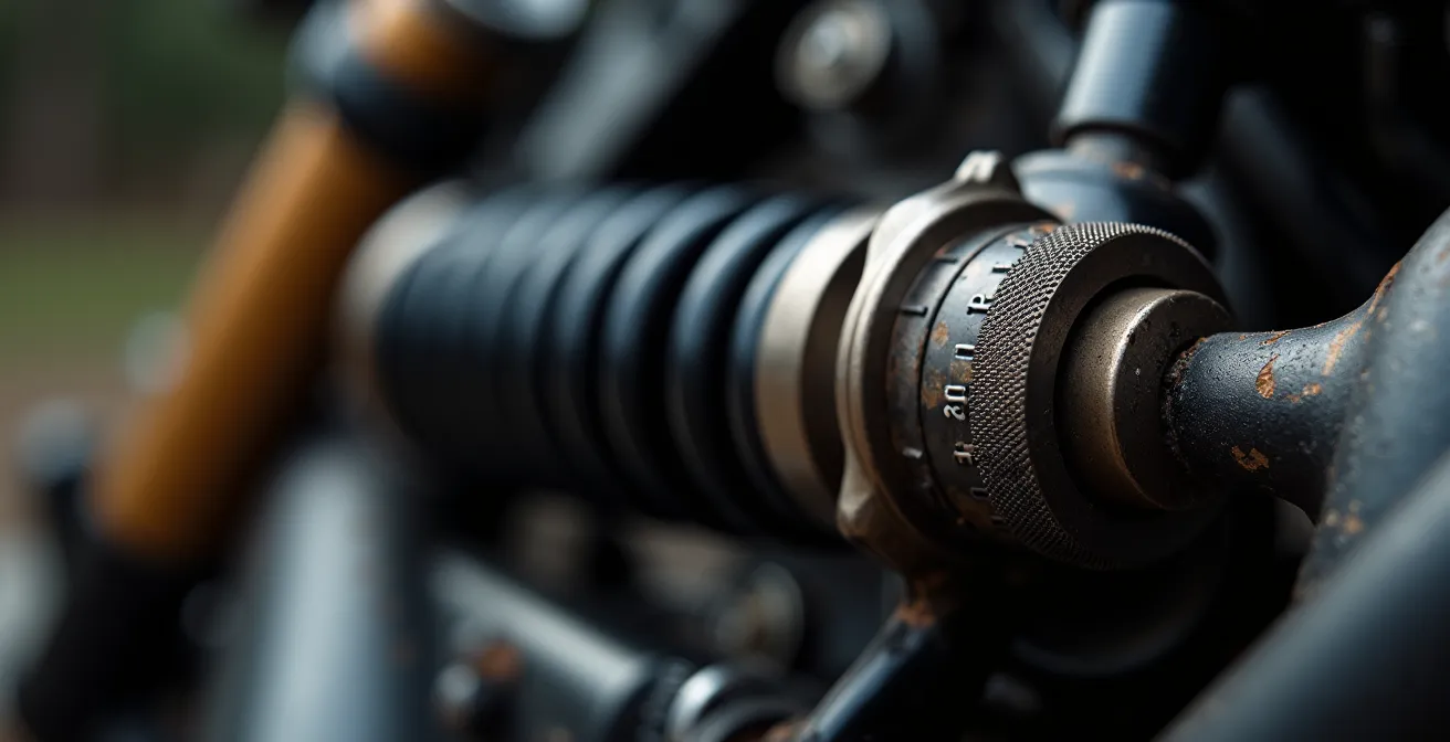 Gros plan macro sur la molette de réglage de précharge d'un amortisseur de moto