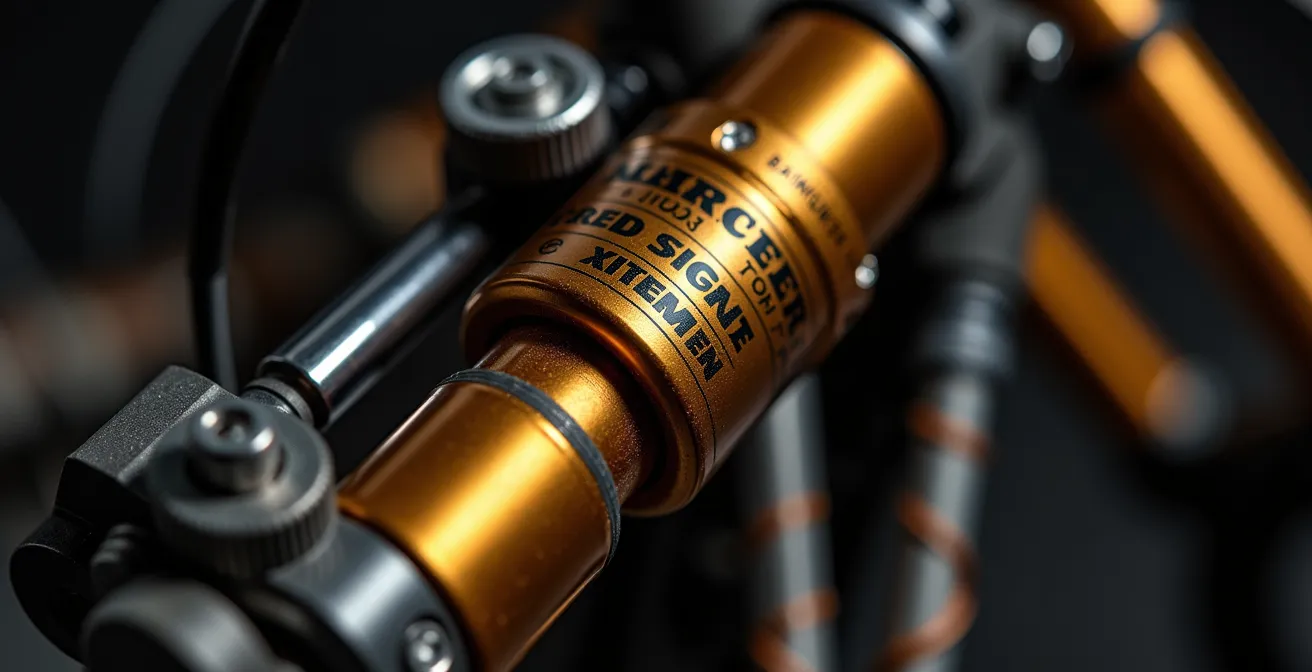 Vue macro des réglages de suspension sur un trail moderne